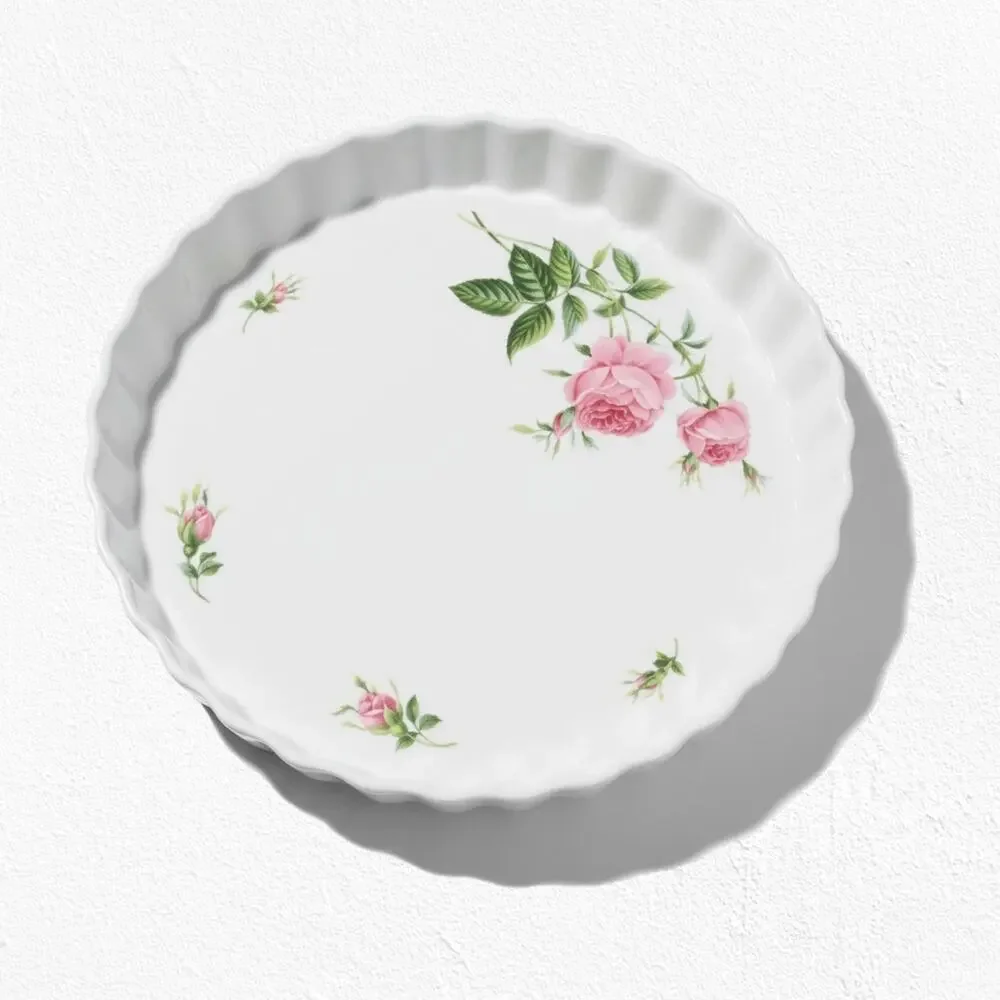 Vintage White Pink Floral Beveled Porcelain 9.5 Inch Quiche Tart 1950s Pie Pan